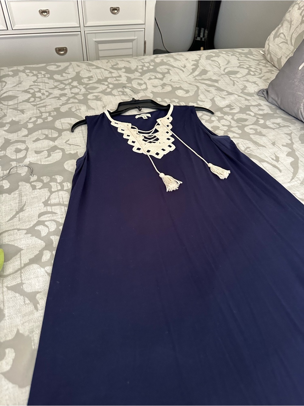 Max Studio Navy Maxi Dress with Ivory Crochet Tie